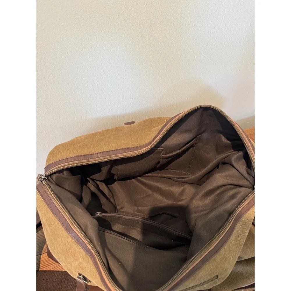 TUUCI Brown Canvas Leather Weekender Duffle Bag Travel Carry-On Overnight Large